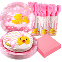 Yoande 194 Pcs Duck Birthday Party Supplies Pink Rubber Duck Tableware Party Decorations Include Plates Napkins Cups Knives Forks Spoons for Kids Girl Boy Gender Reveal Baby Shower for 24 Guests