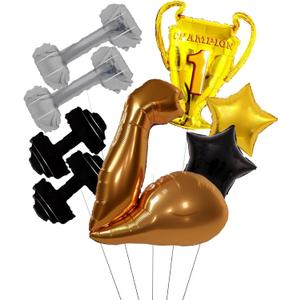 Gym Party Decoration Balloons/Champion Trophy, Muscle Arm, Dumbbell Foil Balloons Fitness Birthday Decorations for Men, Boys, Coach, Sports Party, Bodybuilding Celebration