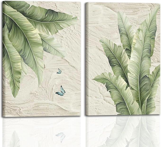 KBCXOY Tropical palm tree Wall Art Set of 2 Green Leaf Canvas Prints Minimalist Botanical Pictures Neutral Beige Poster Wall Decor for Living Room, Bathroom or Office 12x16Inches Ready to Hang