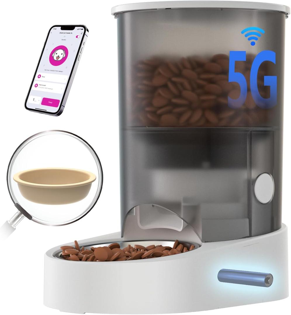 PAPIFEED Automatic Cat Feeder, 4L Auto Dog Cat Feeder with Rechargeable Battery & Dual-Band WiFi (2.4G & 5G), Automatic Pet Food Dispenser for Outdoor Travel Home - Ceramic Bowl Included (White)