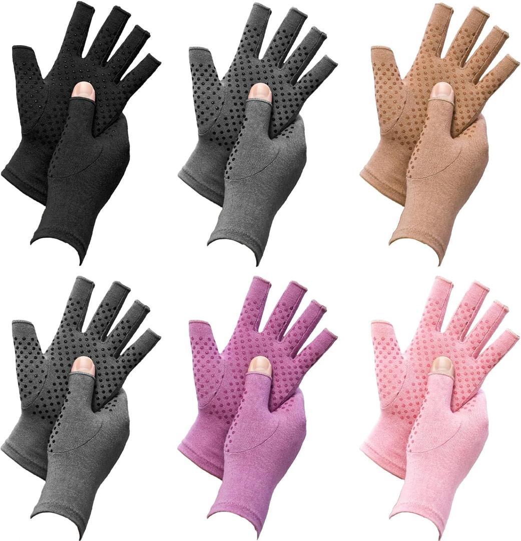 6 Pairs Arthritis Compression Gloves for Women Men Fingerless Hand Compression Gloves for Typing, Driving and Work (Large)