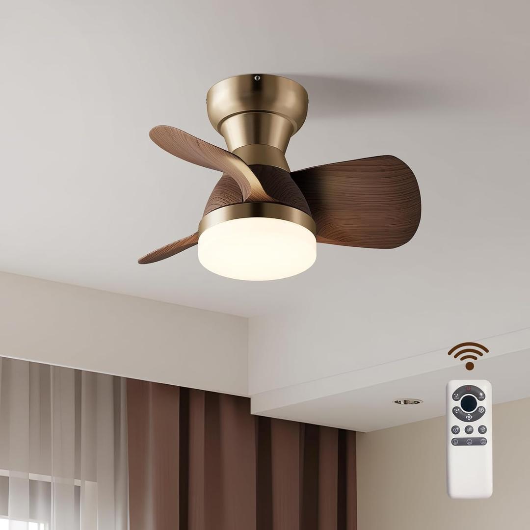 20 Inch Ceiling Fan with Light, 3 Blades Wood Grain, Brass Small Ceiling Fan with Remote Control, Suitable for Living Room, Dining Room, Bedroom