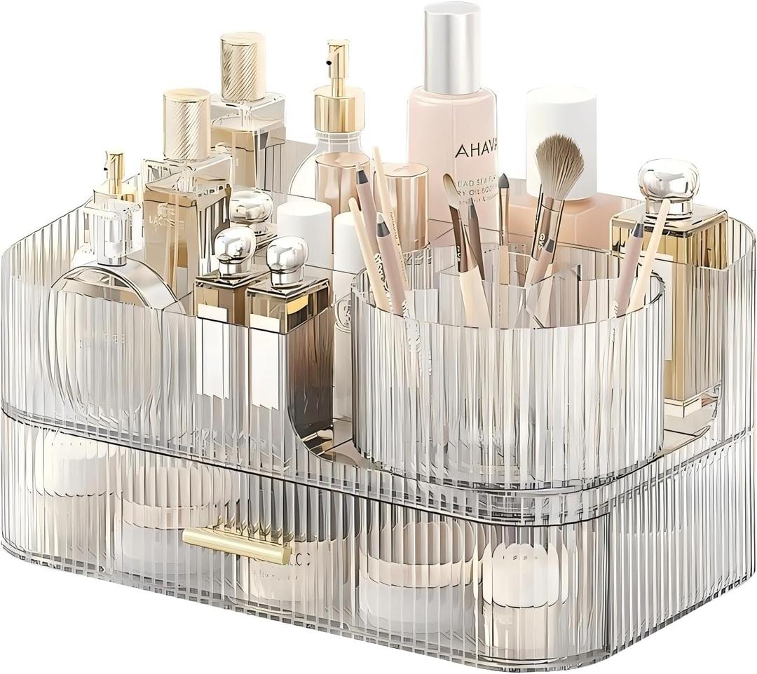 DASITON Makeup Organizer with Drawers and Rotating Makeup Brush Holder,Large Capacity Stackable Cosmetic Organizer Countertop,Bathroom Organizers and Storage,Make up Organizers for Vanity (Clear 02) (1 Tray + 1 Drawer)