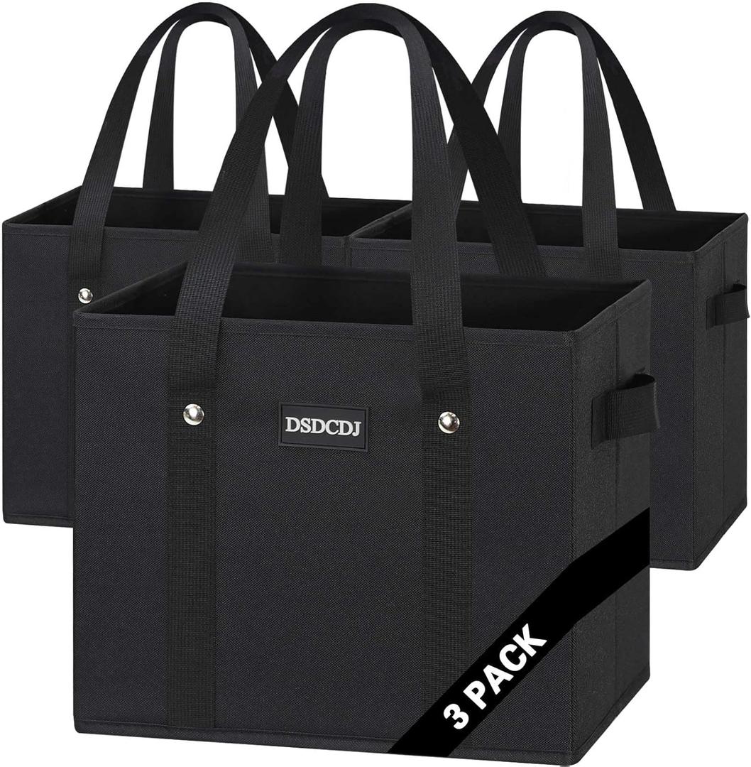 Reusable Grocery Bags 3 Pack - Heavy Duty Reusable Shopping Bags with Hard Bottom & Long Handles, Foldable Utility Tote Bag with Box Shape to Stand Up, 13x10.23x11in, Black