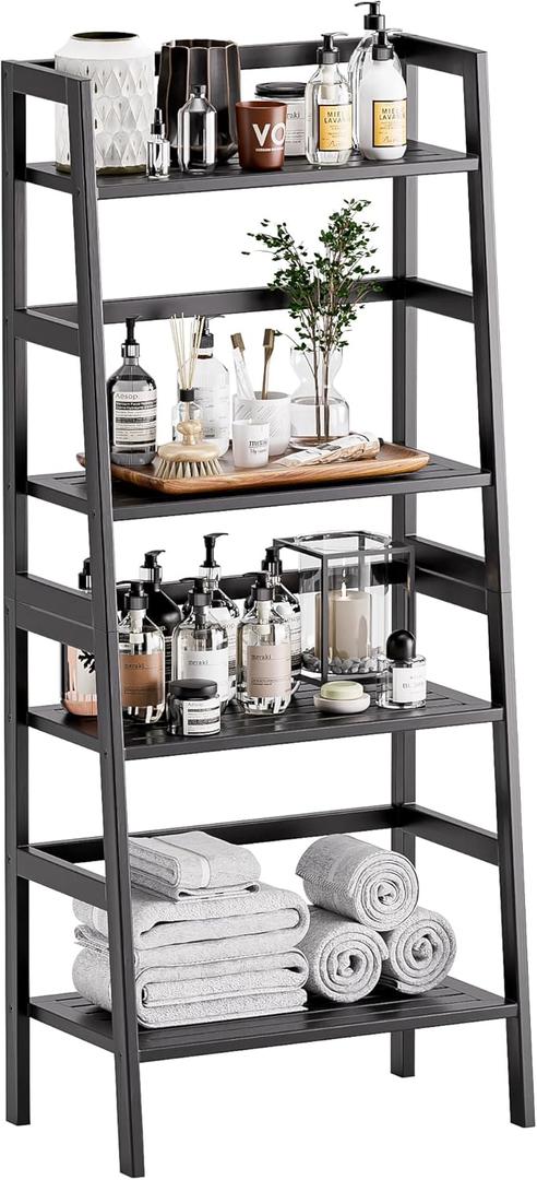 Bamboo Bookshelf 4-Tier Ladder Shelf, 49.2” Freestanding Open Bookcase Book Shelf Bathroom Storage Shelf Unit Plant Stand for Small Space, Living Room, Bedroom, Home Office, Black 