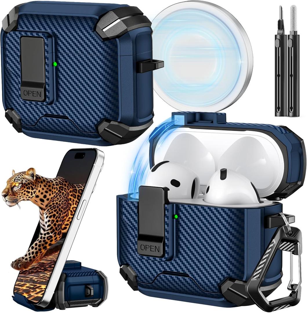 Inesore Compatible with AirPods 4th Case with Phone Stand & Cleaning Kit,Compatible with Magsafe,Magnetic Automatic Lock for Airpods 4 with Active Noise Cancellation Charging Cover (2024) (Dark Blue)