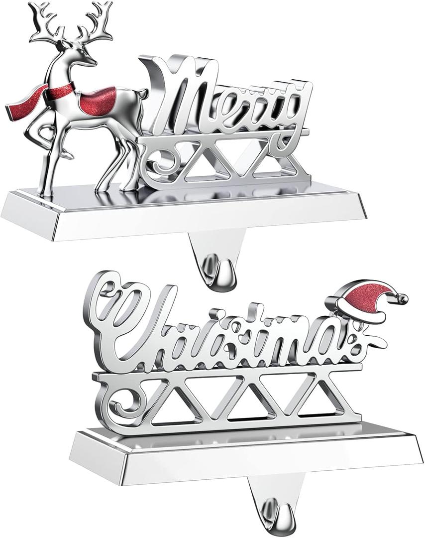 Merry Christmas Stocking Holders Set of 2 - Christmas Reindeer Mantle Stocking Hangers -Stocking Holders for Mantle- Weighted Shiny Silver Metal Deer Home Holiday Dcor
