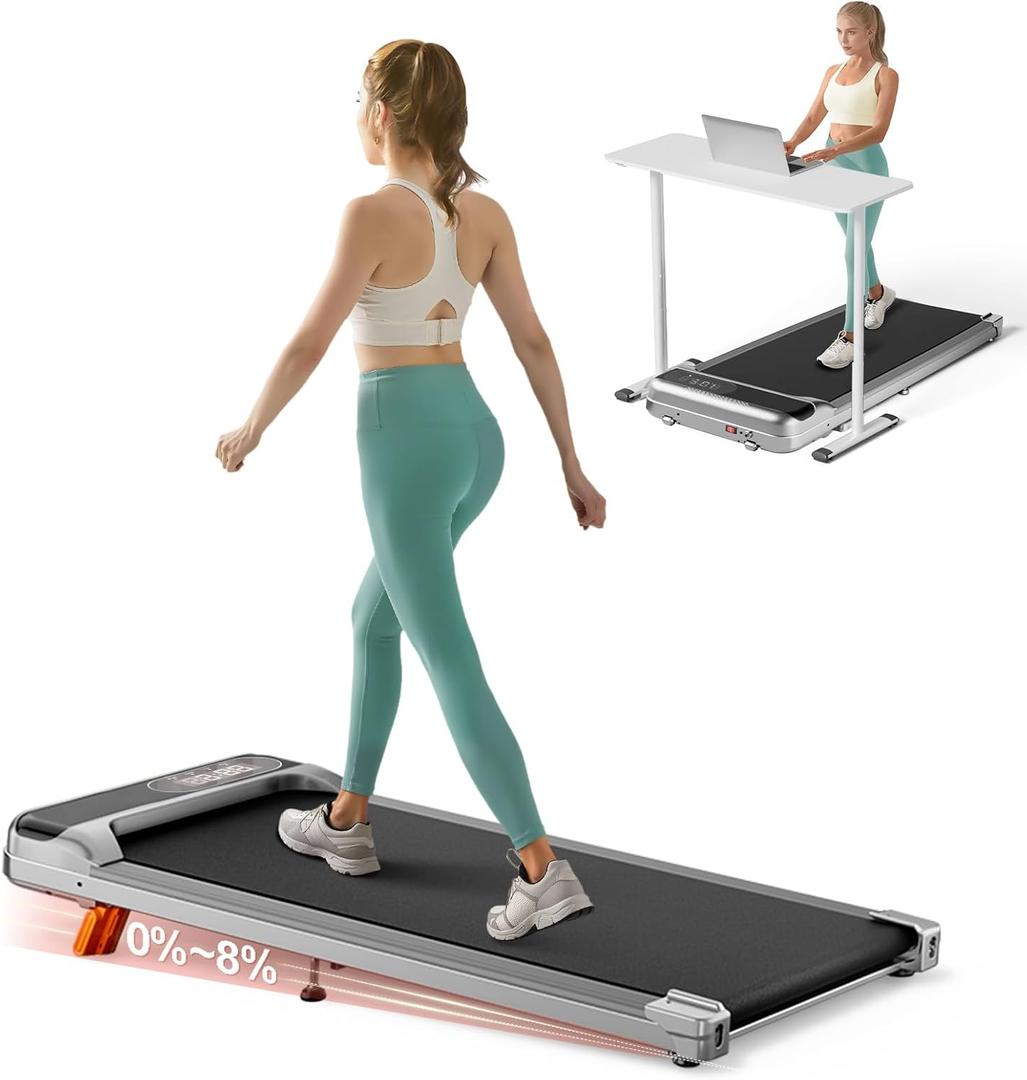 Abonow Walking Pad, Under Desk Treadmill with Incline for Home Office 2.5HP Portable Walking Treadmill with 265 Lbs Weight Capacity Walking Machine, Remote Control, LED Display (Silver Grey)