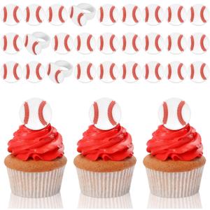 Honeydak 48 Pcs Baseball Cupcake Rings Toppers Decoration Sport Ball Theme Cupcake Picks Baseball Party Decoration Sport Cupcake Toppers Rings for Birthday Party Supplies