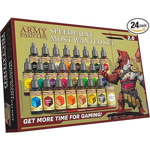 The Army Painter Speedpaint 2.0 Most Wanted Paint Set, 24 x 18 mL Acrylic Contrast Paints Including 2 Metallics, 1 Medium & 1 Free Brush for Miniature and Model Painting