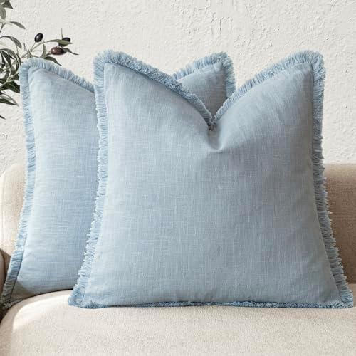Foindtower Set of 1 Decorative Linen Fringe Throw Pillow Covers Boho Farmhouse Cushion Cover with Tassels Soft Accent Pillowcase for Couch Chair Sofa Bed Living Room Home Decor,16×16 Inch,Sky Blue