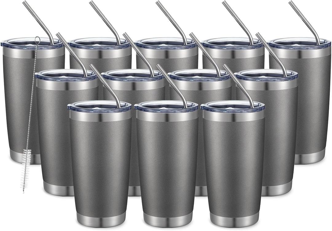 COMOOO 20oz Tumbler Bulk Double Wall Vacuum Insulated Travel Mug, Stainless Steel Tumbler with Lid and Straw Durable Powder Coated Insulated Coffee Cup for Cold & Hot Drinks (cold grey, 12 pack）