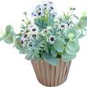 Faux White Flowers Potted Plants 9" Fake Daisy Outdoor Plants with Faux Eucalyptus Hangfing Frosted White Leaves in Drab Yellow Plastic Planter for Window Home Garden Decorations