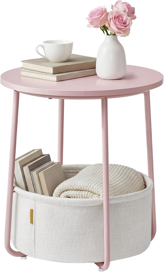 SONGMICS HOME Small Side Table, Round End Table, 2 Tier Nightstand with Basket, U Shaped Steel Legs, Easy Assembly, for Living Room, Bedroom, Pink and White, 1 pack