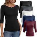 Ficerd 5 Pack 3/4 Sleeve Tops for Women Tight Boat Neck T Shirts Slim Fit Three Quarter Sleeve Tees Basic Casual Tops (Small, Black, Dark Gray, White, Navy Blue, Red), Small 