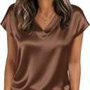 Nfsion Tops for Women Silk Satin Cap Short Sleeve Blouse V Neck Shirts Business Casual Outfits (M)