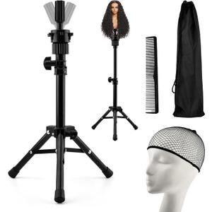 Wig Head Stand, Adjustable Mannequin Head Stand for Styling, Wig Stand Tripod for Cosmetology Hairdressing Training, with Wigs Caps, Comb, Storage Bag(COLOR:black)
