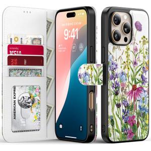 FUNMIKO for iPhone 16 Pro Case Wallet,Detachable Flip Folio Leather Cover,RFID Blocking 4 Card Holder,Magnetic Kickstand,Protective Phone Shell for Women Girls,Blooming Wildflowers