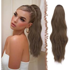 FESHFEN Ponytail Extensions, Long Claw Clip in Ponytail Hairpiece Synthetic Pony Tails Hair Piece Natural Wavy Hairpieces for Women, Multi Brown 20 inch