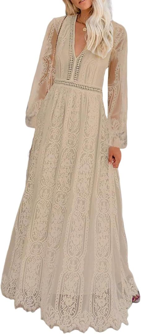Cercis Womens Off The Shoulder Floral Lace Maxi Wedding Dress Boho Flowy Wedding Guest Formal Long Dresses (Large, Long Sleeve-apricot)