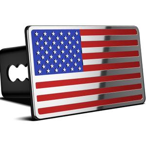 2 Inch Trailer Hitch Cover with American Flag, Heavy Metal Trailer Hitch Cover Fit for 2 Inch Hitch Receivers,3 * 5" Blue/Red/Chrome
