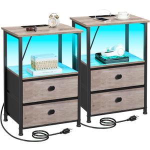 LOAKEKEL Night Stand Set 2, LED Nightstand with Charging Station, End Tables with Storage Shelf, Bedside Table with 2 Fabric Drawers for Bedroom, Small Spaces, Grey HETS02PGY