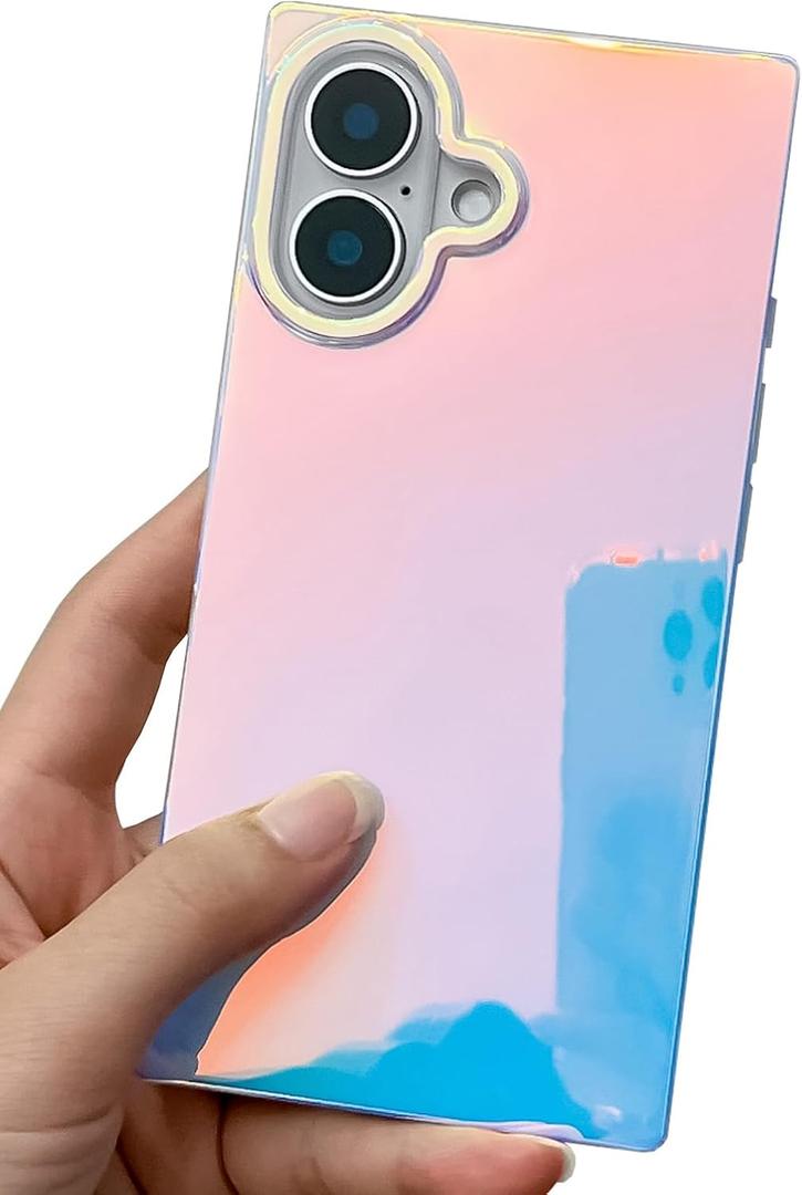 KERZZIL Cute Rectangle Edge Compatible with iPhone Case, Slim Colorful Holographic Glossy Soft TPU Protective Durable Cases Cover for Women Girls(Blueray, 17)