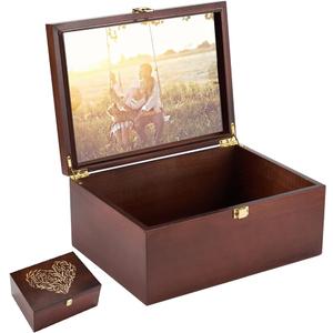 Larger Wooden Memory Keepsake Box with Hinged Lid & 8x10 Photo Frame Inside Lid Decorative Storage Box With a Hinge Lids for Pictures, Letters & Time Capsule Wooden Gift Box, 5.3 x 8.6 x 11.7