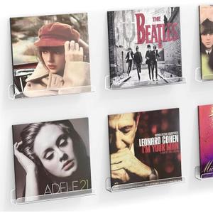 Vinyl Record Shelf Wall Mount, 6 Pack 12 inch Clear Acrylic Album Record Holder Display, Kids Bookshelf, Floating Wall Shelves for Bathroom, Bedroom, Living Room, Kitchen (Clear-6pcs)
