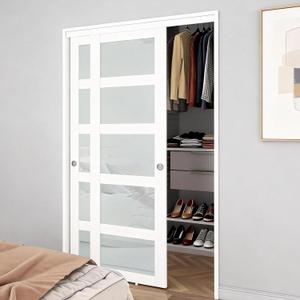 BARNSMITH 60x80" Sliding Closet Door, 5-Panels Preassembled Frosted Glass Door Panel with Hardware Kits & Matching Fascia, MDF Covered with Water-Proof & Anti-Scratch PVC Surface, White