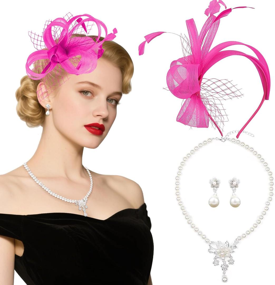 Fascinators Headband with Feather, Women's Tea Party Hat for Derby,Weddings, Cocktail, Bridal Showers (Pink)