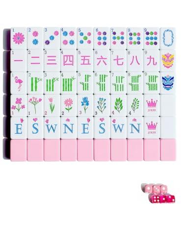 Mahjong Tile Set 160 1.2-inch Engraved Acrylic American Mahjong Tiles Game Set with Bag Cute Mini Mah Jongg Sets with Travel Bags Accessories Pink
