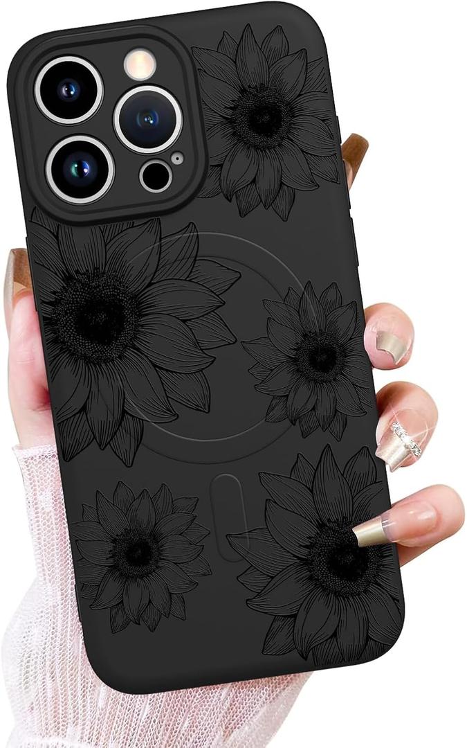OOK Black Floral case for iPhone 15 Pro Max Case [Compatible with MagSafe], Cute Sunflower Floral Blooms Design Soft TPU Shockproof Protective for Women Girls Slim Magnetic Phone Cover