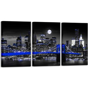 Biuteawal Black and Blue City Canvas Print New York Cityscape Brooklyn Bridge at Moon Night Picture Photo Painting Cool Manhattan Skyline Artwork Modern Home Office Wall Decoration Ready to Hang, 16 x 24 Inch