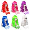 DIYI Long Colorful Wigs 6 Pack Wavy Party Wigs Curly Color Wigs for Women Bachelorette Party Decorations Supplies Favors Extra 6 Pack Neon Party Glasses Add (Blue, White, Green, Red, Purple, Pink)