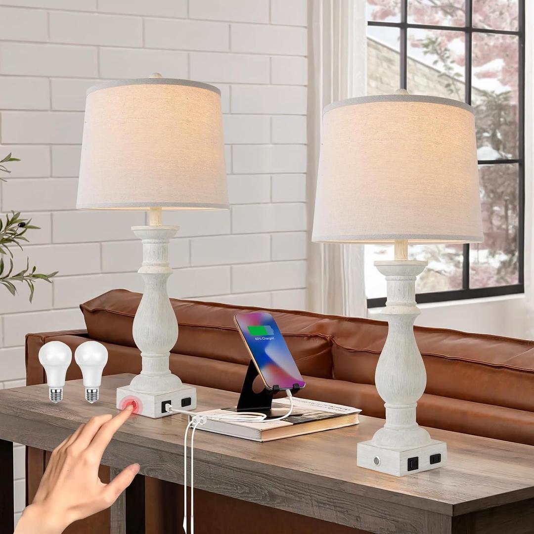 Table Lamps Set of 2 Vintage Night Stand Light Touch Dimmable Desk Lamp Farmhouse Resin Lamp (White)