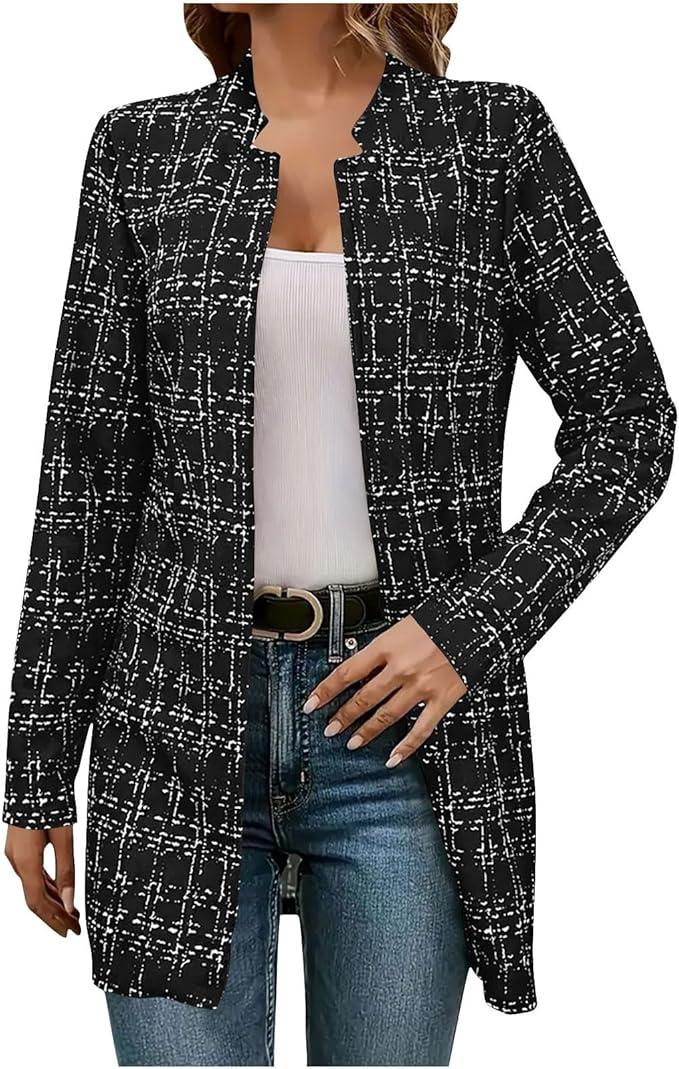 Womens Tweed Blazers Open Front Stand Collar Long Cardigan Elegant Casual Jacket Plaid Formal Work Suits Fall Outfits, S