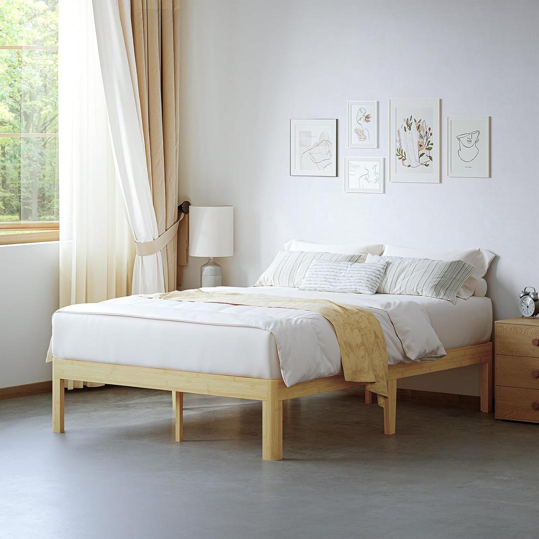 14 Inch High Bamboo Wood Heavy Duty Queen Bed Frame No Box Spring Needed, Platform Bed Frame Queen Size with Metal Slats Support, Easy to Install, Noise Free, Sturdy