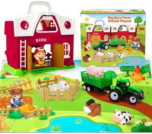 Farm Animal Toys for 1 2 3 Year Old Toddlers, Big Red Barn with Farm Mat & Animals & Tractor Toy for Boys Girls, Montessori Learning Interactive Barn Set for Kids 1-3, Ideal Christmas Birthday Gifts : Toys & Games