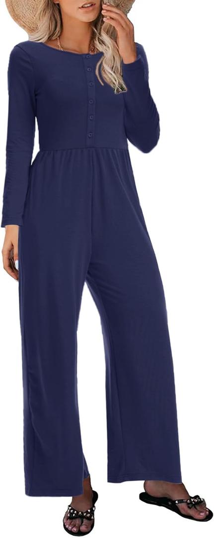 Womens Casual Jumpsuits One Piece Loose Stretchy Long Sleeve Fall Jumpsuit Wide Leg Long Pants Rompers with Pockets (Blue, M)