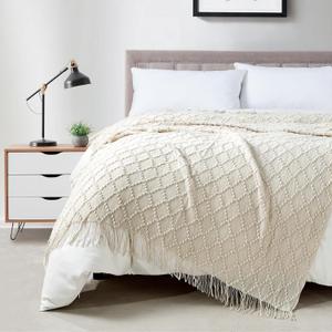 BOURINA Beige Throw Blanket 50 x70 Inches Jacquard Argyle Throw Textured Solid Soft Throws and Blankets for Sofa or Bed Knitted Decorative Blanket
