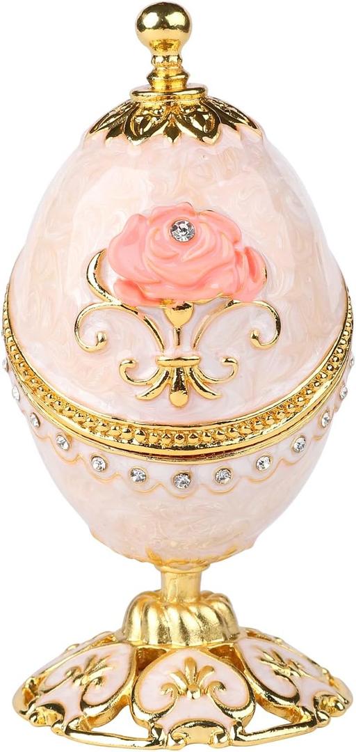 Easter Egg Trinket Box with Hinged Enameled Flower Jewelry Box Classic Ornaments Metal Craft Gift for Home Decor (White)