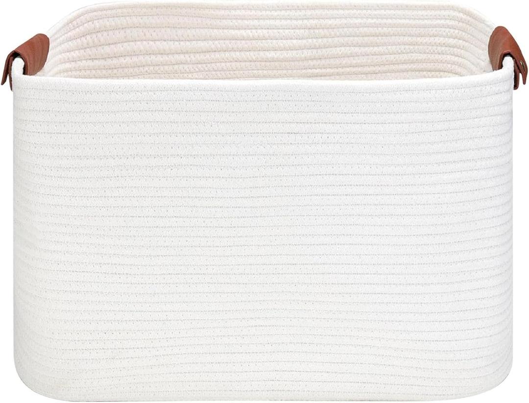 Large Cotton Rope Storage Basket with Leather Handles, Laundry Hamper Basket, 20 "L x 14" W x 12 "H, Durable & Stylish Organizer for Home.(Large White)