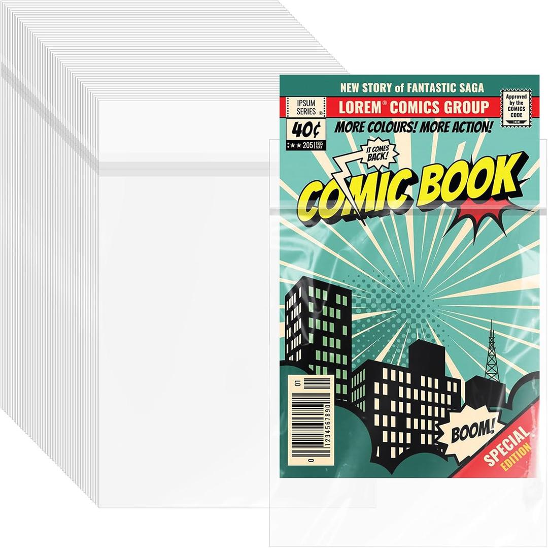VOKOY 100 Pack Resealable Current Size Comic Book Bags, Crystal Clear Self Sealing Comic Sleeves Storage Protection for Regular Comics Magazine Storage, 7.2 X 10.6 Inches