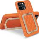Luxury Compatible with iPhone 14 Pro Max Case with Glitter Diamond Stand, Soft Quilted Leather Design for Women & Girls 6.7" (Orange)
