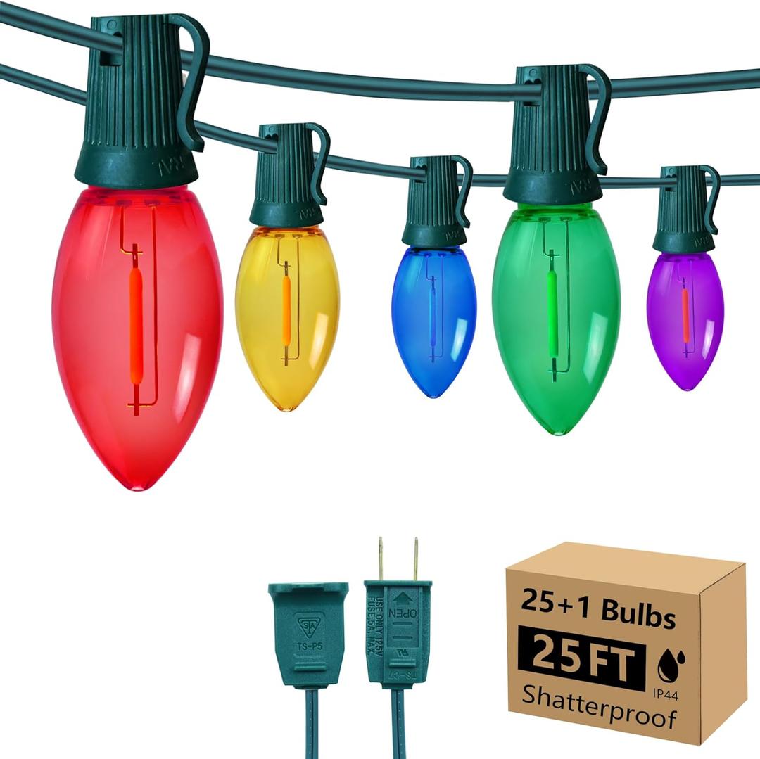 C9 Christmas String Lights, 25FT 26 Bulbs Bright & Multicolor Outdoor Christmas Lights, Outdoor Indoor Xmas Roofline Backyard Garden Patio Home Holiday Decor, Waterproof Extendable Green Wire