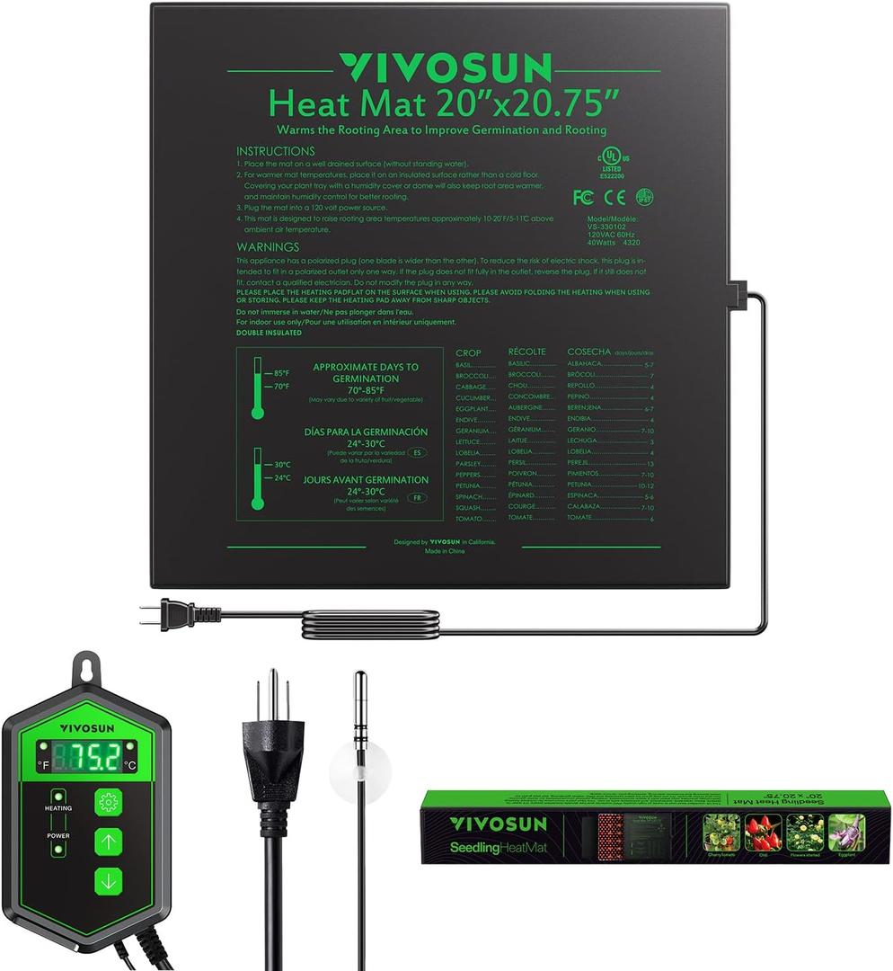 VIVOSUN 20" x 20.75" Seedling Heat Mat and Digital Thermostat Combo Set, UL & MET-Certified Warm Hydroponic Heating Pad for Germination, Indoor Gardening, Greenhouse
