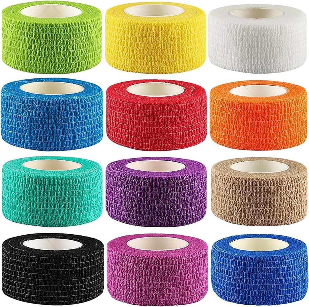 12Pack 1 x 5 Yards Self Adhesive Bandage Wrap, Elastic Self Breathable Self Adherent Wrap for Pets, Athletic Cohesive Bandage for First Aid, Sports Injury & Protection, 12Color