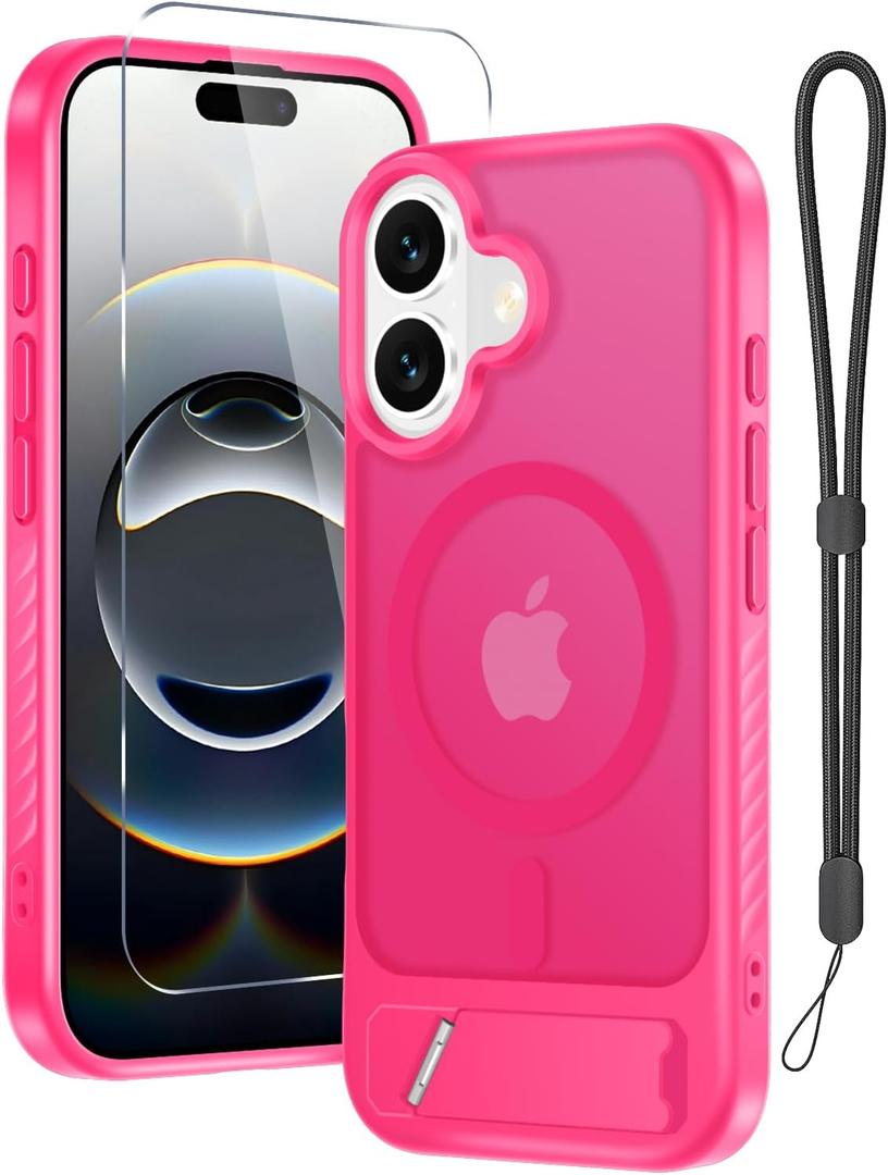 for iPhone 16 Case with Screen Protector+ Lanyard Wrist Strap, Magnetic Translucent Matte Rugged Slim Phone Cover Built in Invisible Kickstand [Fit for MagSafe],Hot Pink