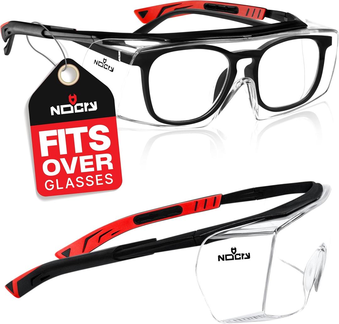 NoCry Safety Glasses Over Eyeglasses for Men and Women with Anti Scratch Lenses and Integrated Side Shields  Adjustable Temples with Anti-Slip Tips  100% UV Protective Eyewear  ANSI Z87 Certified (Black & Red)